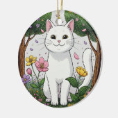 White Cat in a Colorful Garden Keramisch Ornament (Links)