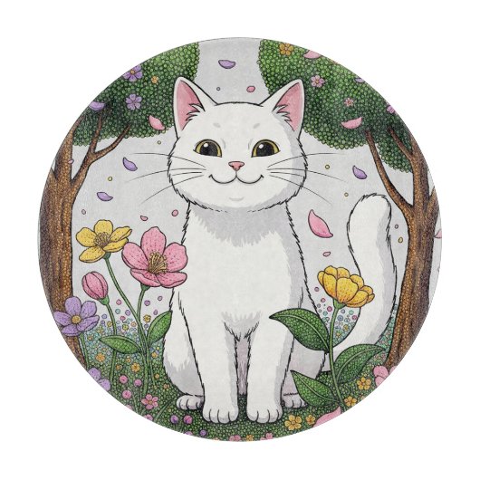 White Cat in a Colorful Garden Snijplank (Voorkant)