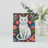 White Cat in Colorful Folk Art Flowers Briefkaart (Staand voorkant)