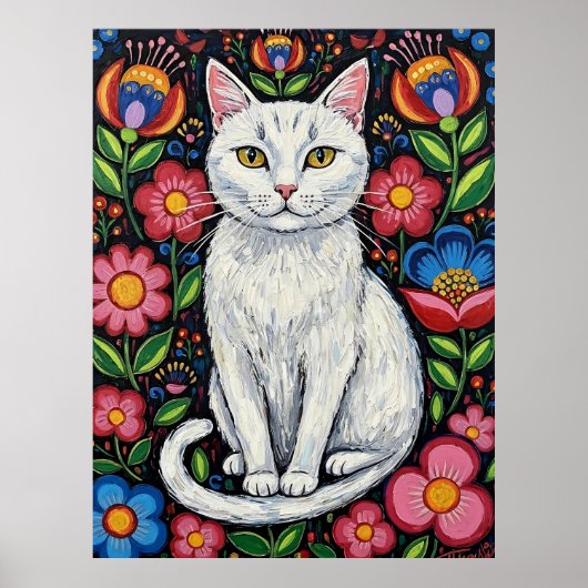 White Cat in Colorful Folk Art Flowers Poster (Voorkant)