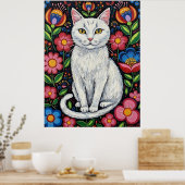 White Cat in Colorful Folk Art Flowers Poster (Keuken)