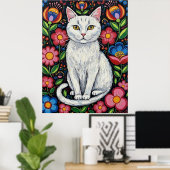 White Cat in Colorful Folk Art Flowers Poster (Thuiskantoor)
