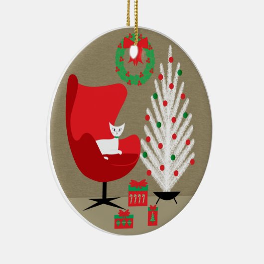 White Cat in Mid Century Christmas Room Keramisch Ornament (Rechts)