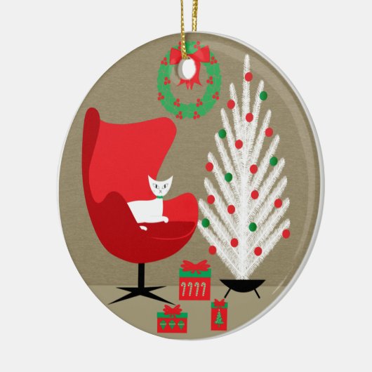 White Cat in Mid Century Christmas Room Keramisch Ornament (Links)