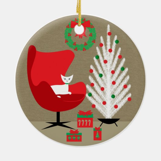 White Cat in Mid Century Christmas Room Keramisch Ornament (Achterkant)