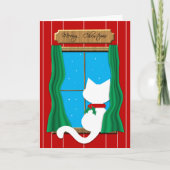 White Cat in Snowy Window - Meowy Christmas Kaart (Voorkant)