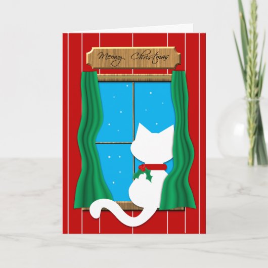 White Cat in Snowy Window - Meowy Christmas Kaart (Voorkant)
