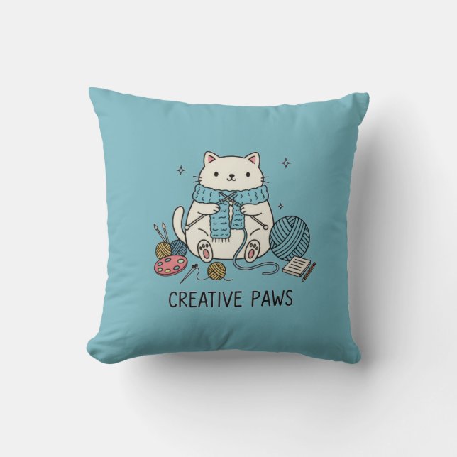 White Cat Knitting Cute Hobby Home Decor Blue Kussen (Voorkant)