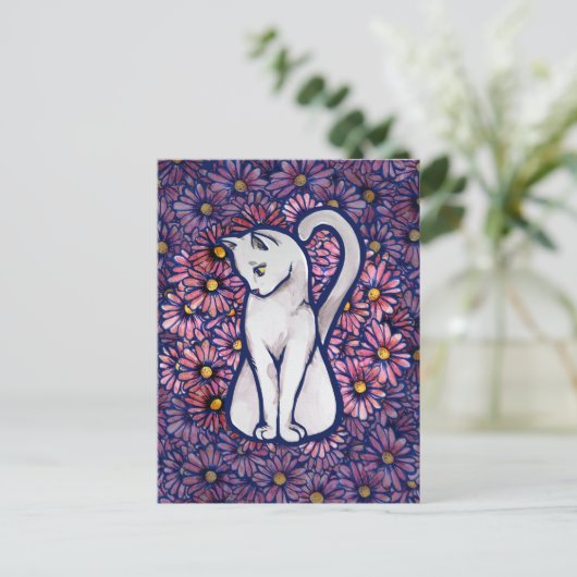 White Cat Mauve Daisies Briefkaart (Staand voorkant)