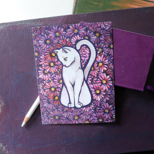White Cat Mauve Daisies Briefkaart