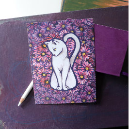 White Cat Mauve Daisies Briefkaart
