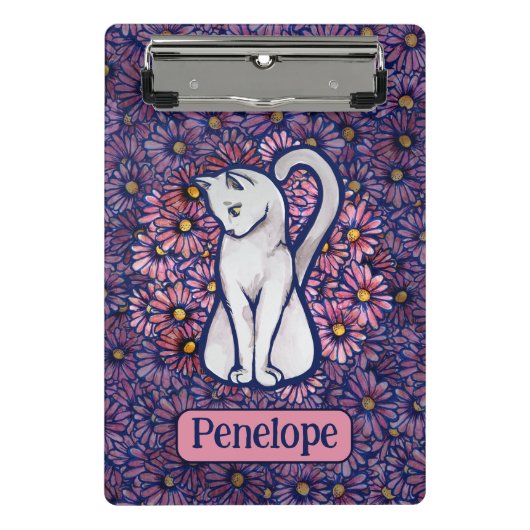 White Cat Mauve Daisies Mini Klembord (Voorkant)