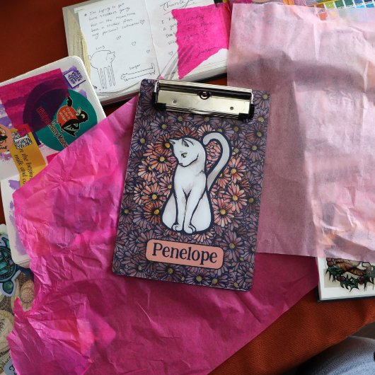 White Cat Mauve Daisies Mini Klembord