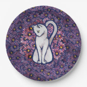 White Cat Mauve Daisies Papieren Bordje (Voorkant)