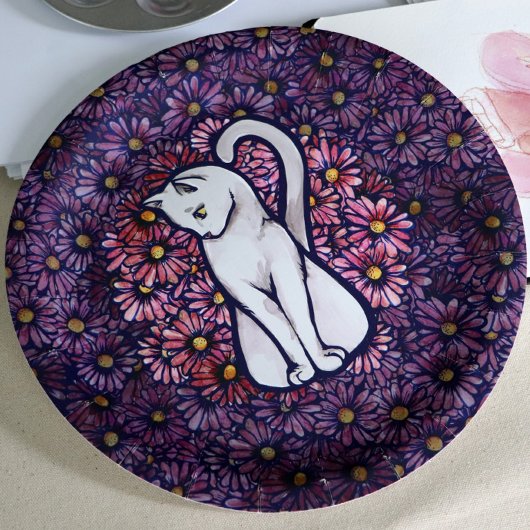 White Cat Mauve Daisies Papieren Bordje
