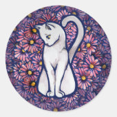 White Cat Mauve Daisies Ronde Sticker (Voorkant)