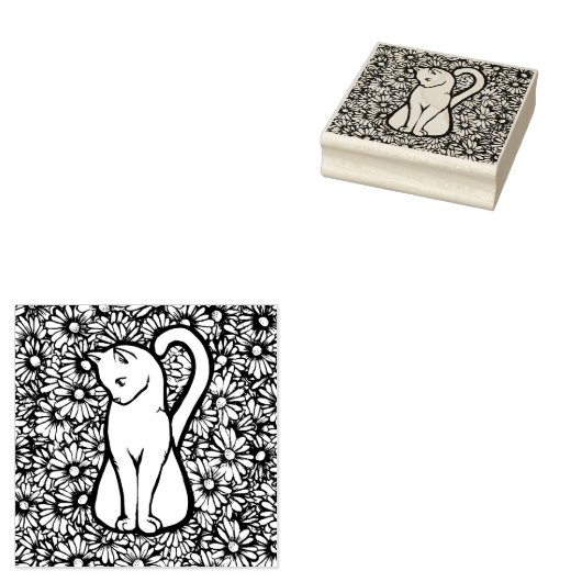 White Cat Mauve Daisies Rubberstempel (Gestempeld)