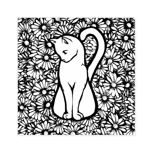 White Cat Mauve Daisies Rubberstempel (Afrduk)