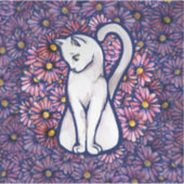 White Cat Mauve Daisies Sticker (Voorkant)