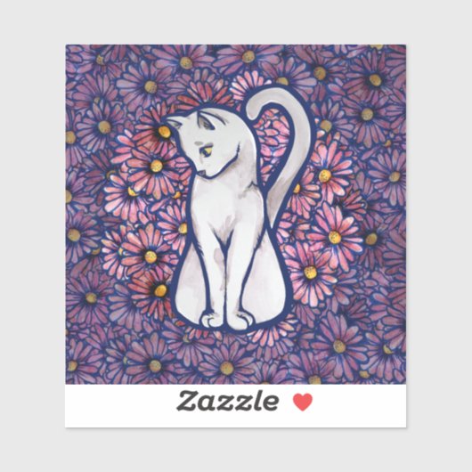 White Cat Mauve Daisies Sticker (Vel)