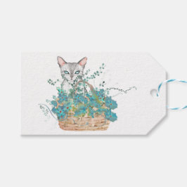 White Cat met Blue Flower Basket Easter Gift Label Cadeaulabel