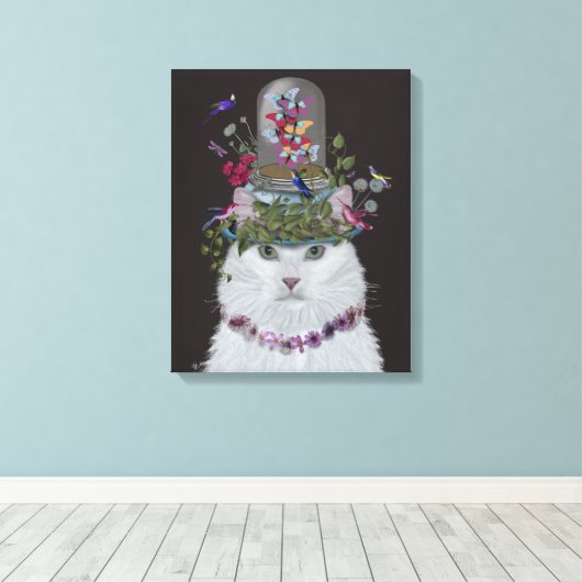 White Cat met Butterfly Bell Jar Canvas Afdruk (Insitu (Houten vloer))