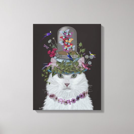 White Cat met Butterfly Bell Jar Canvas Afdruk (Voorkant)