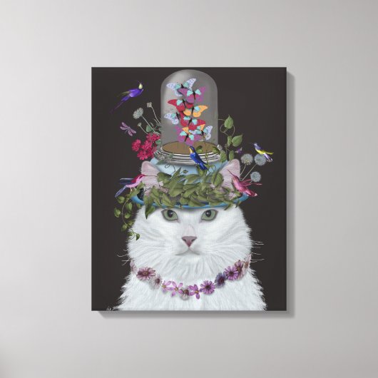 White Cat met Butterfly Bell Jar Canvas Afdruk (Voorkant)