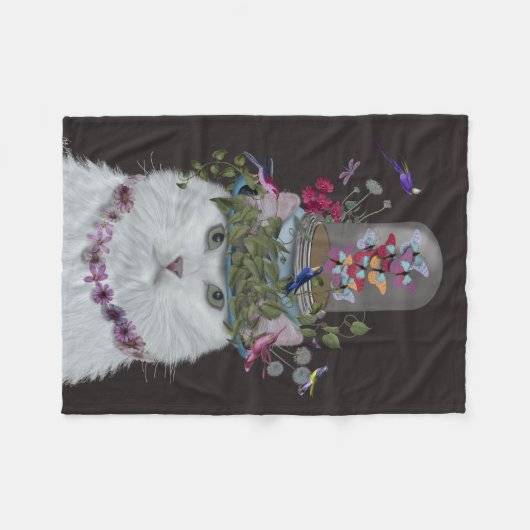 White Cat met Butterfly Bell Jar Fleece Deken (Voorkant (Horizontaal))