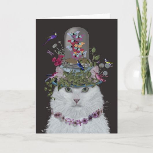 White Cat met Butterfly Bell Jar Kaart (Voorkant)