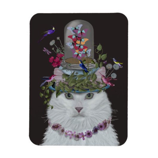 White Cat met Butterfly Bell Jar Magneet (Verticaal)