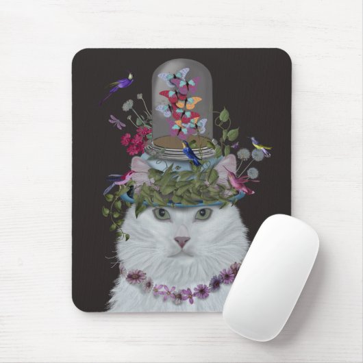 White Cat met Butterfly Bell Jar Muismat (Met muis)