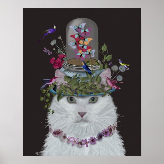 White Cat met Butterfly Bell Jar Poster (Voorkant)