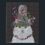 White Cat met Butterfly Bell Jar Puzzel<br><div class="desc">Kat,  wit met Butterfly bell jar,  zwart door FabFunky. Hij heeft een geweldige witte kat met vogels,  groen en vlinders op zijn hoofd. | 191532D</div>