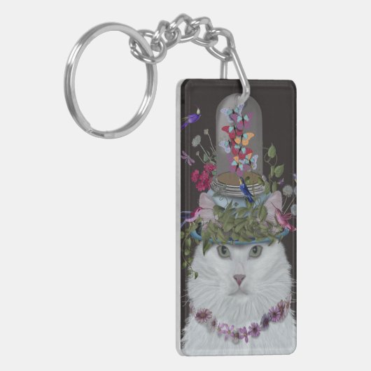 White Cat met Butterfly Bell Jar Sleutelhanger (Voorkant Links)
