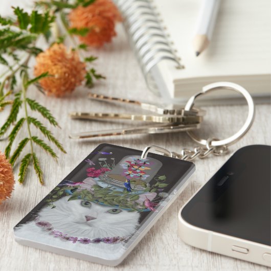 White Cat met Butterfly Bell Jar Sleutelhanger (Voorkant Rechts)