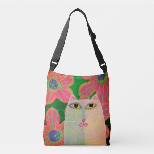 White Cat met Flowers Abstracte Art Crossbody Tas (Voorkant)