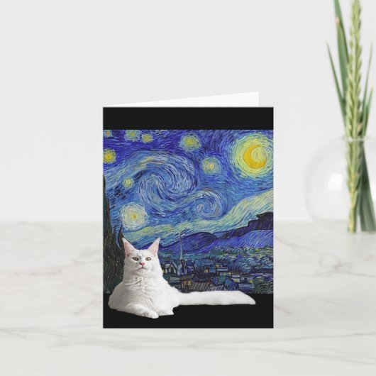 White Cat met Van Gogh Sterrennacht Card Kaart (Voorkant)