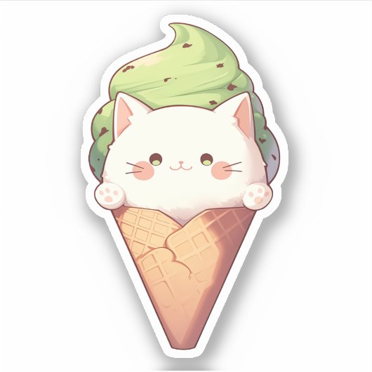 White Cat & Mint Chocolate Chip Ice Cream Sticker (Voorkant)