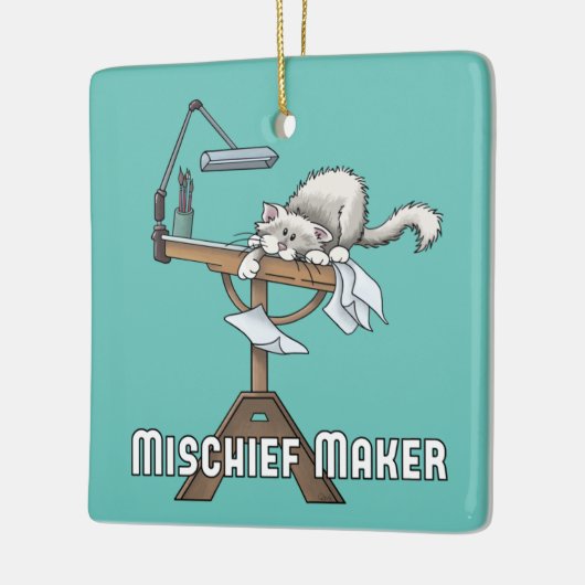 White Cat Mischief Maker keramisch Ornament (Links)