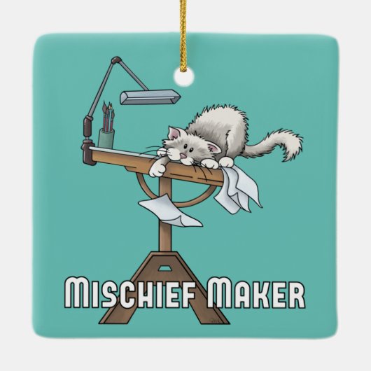 White Cat Mischief Maker keramisch Ornament (Achterkant)