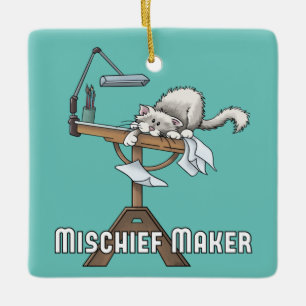 White Cat Mischief Maker keramisch Ornament