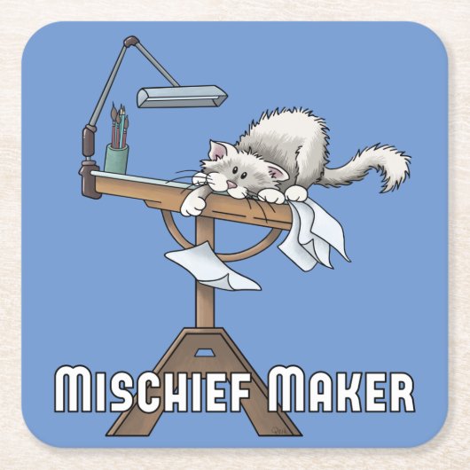 White Cat Mischief Maker Square Paper Onderzetter (Voorkant)