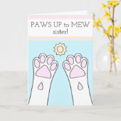White Cat Paws Up Sister Moederdag Kaart (Gele Bloem)