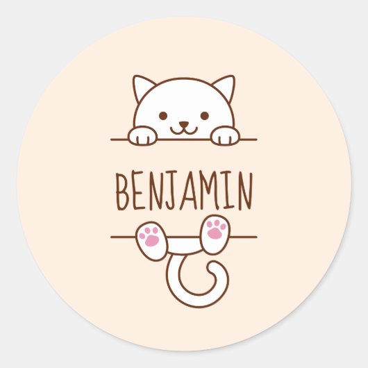 White Cat Peking achter Custom Name Ronde Sticker (Voorkant)