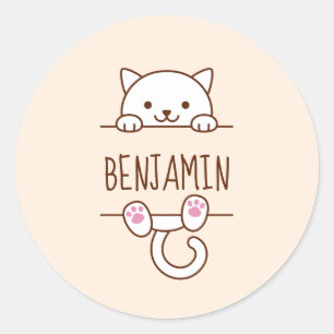 White Cat Peking achter Custom Name Ronde Sticker