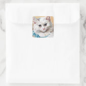 White Cat Portrait Vierkante Sticker (Tas)