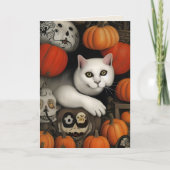 White Cat Pumpkins Calavera Artistic Halloween Feestdagen Kaart (Voorkant)