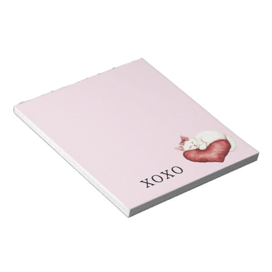 White Cat Red Heart Pillow Notitieblok (Schuin)