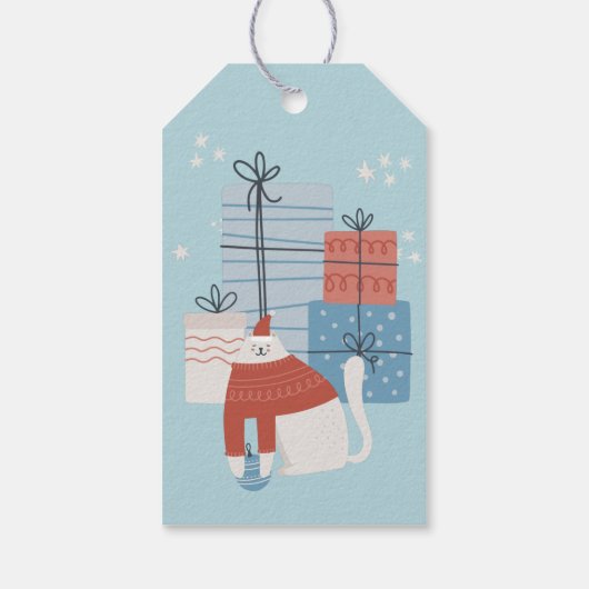 White cat red sweater cadeaus giften siervoorwerpe cadeaulabel (Achterkant)